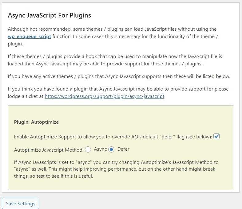 "Async JavaScript"の設定画面の「プラグインの非同期JavaScript」