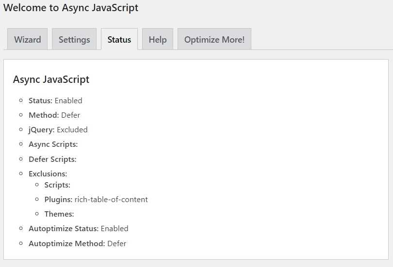 "Async JavaScript"の設定画面のStatus(状態)タブ