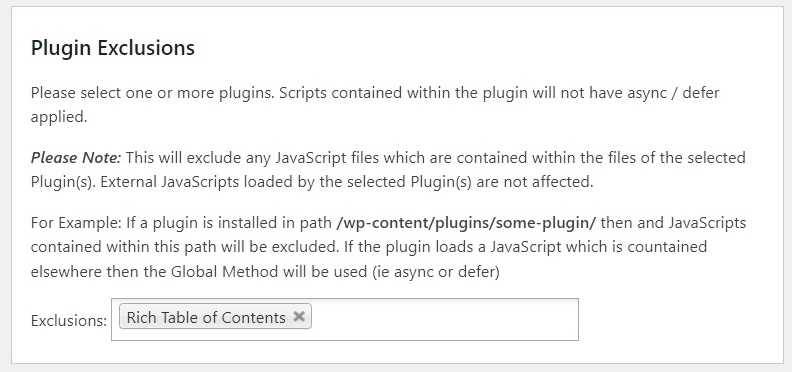"Async JavaScript"の設定画面の「プラグインの除外」
