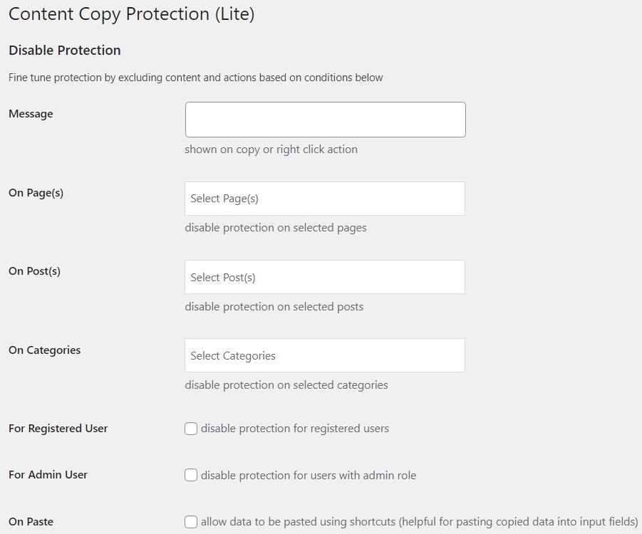 "WP Content Copy Protection (Lite)"の設定画面