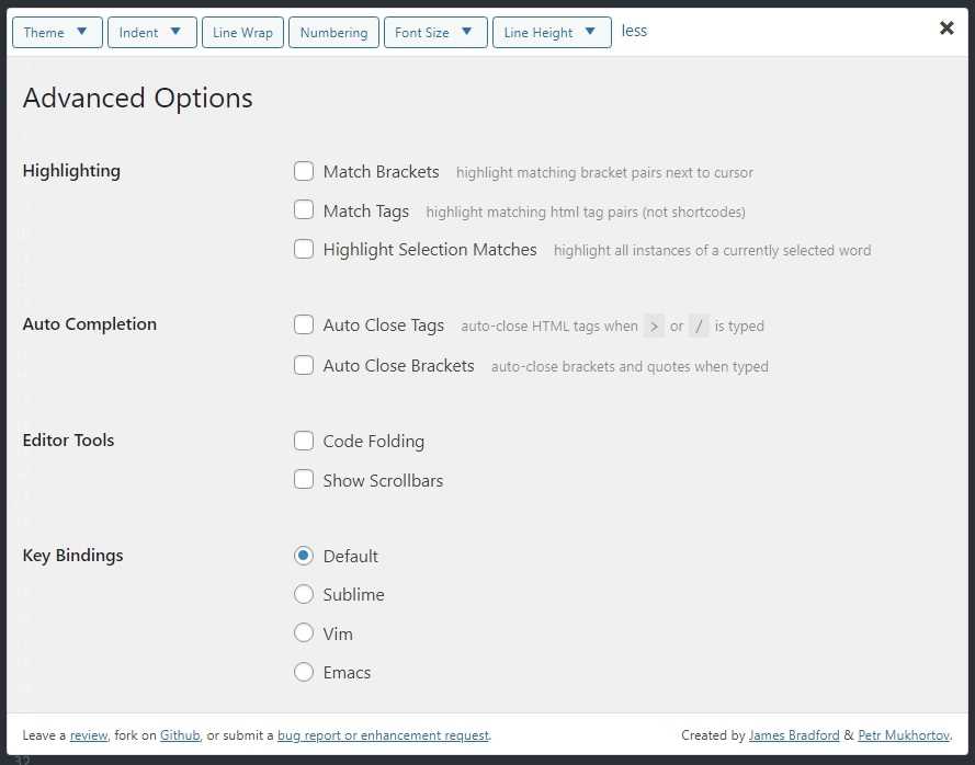 HTML Editor Syntax Highlighterの設定画面の高度なオプション