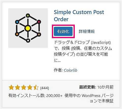 “Simple Custom Post Order ”のインストール完了画面
