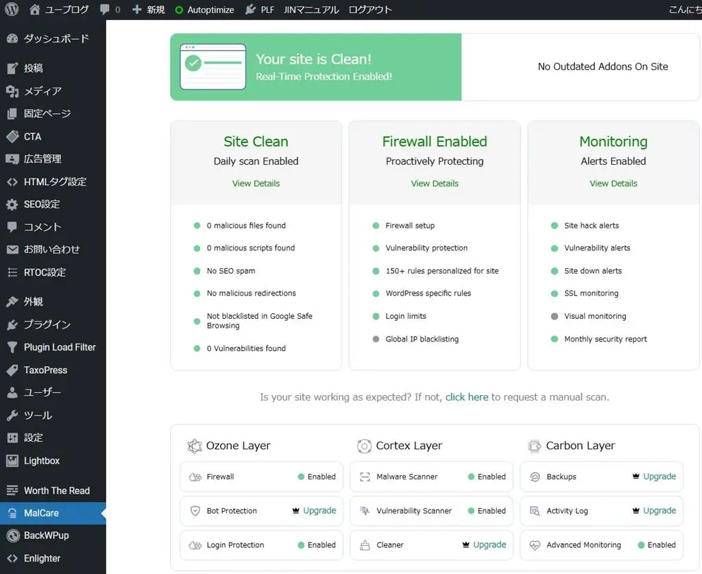 MalCare WordPress Security Pluginのサイト状況モニタリング画面