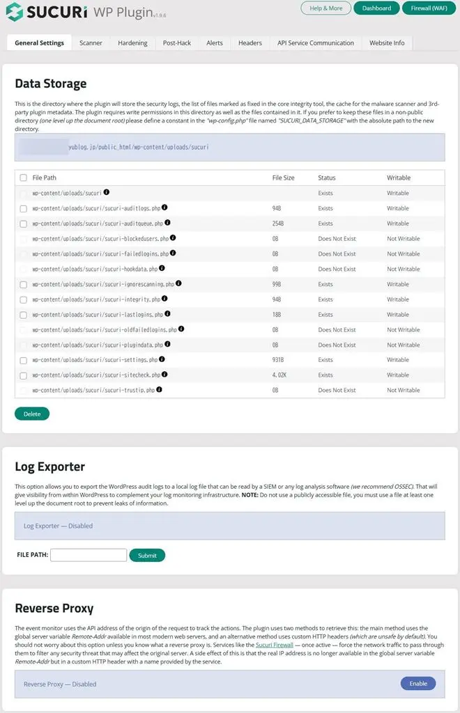 Sucuri SecurityのSettings(設定)画面